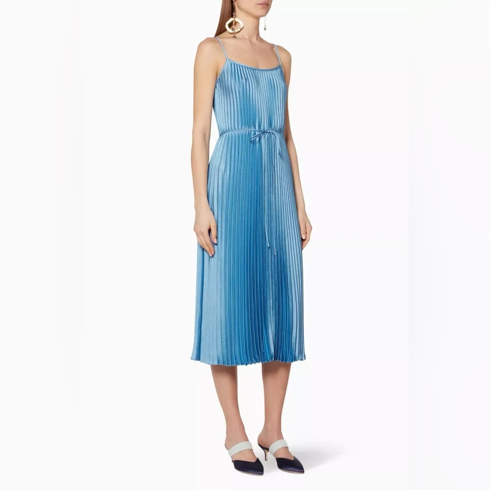 VINCE Crushed Blue Satin Pleated Tie-Waist Slip Midi Dress